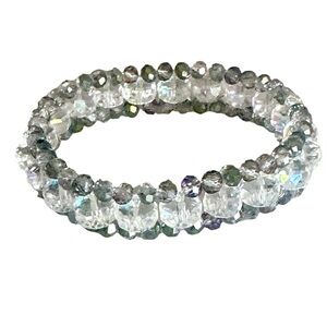 Triple Tier Faceted Crystal Stretch Bracelet | Clear Glass Beaded | 7.75”